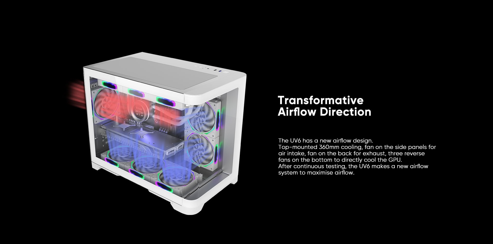 Custom gaming PC with RGB fans and advanced airflow design for optimal cooling.