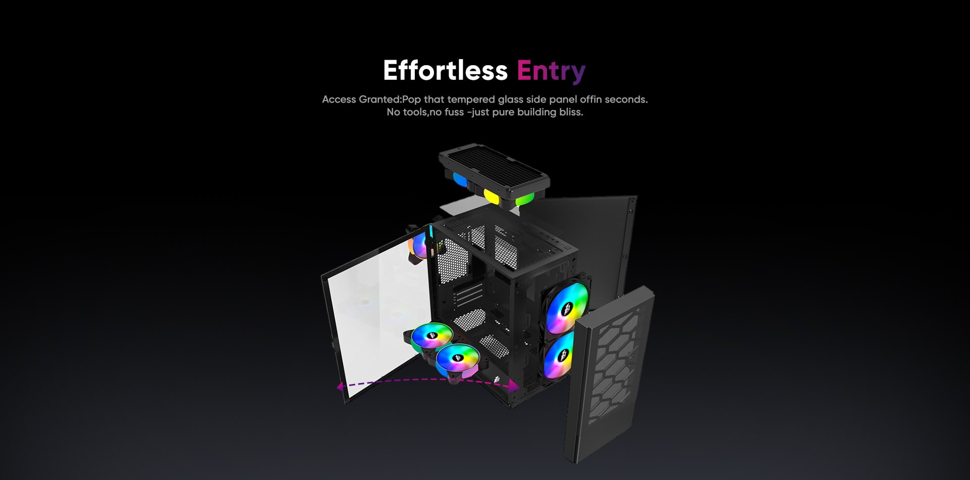 Custom gaming PC with RGB cooling fans and high-performance components.