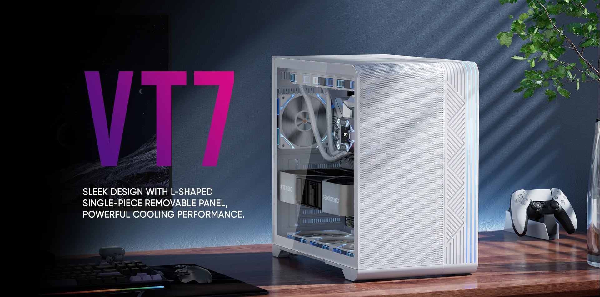 High-performance VT7 gaming PC with L-shaped design and powerful cooling system.