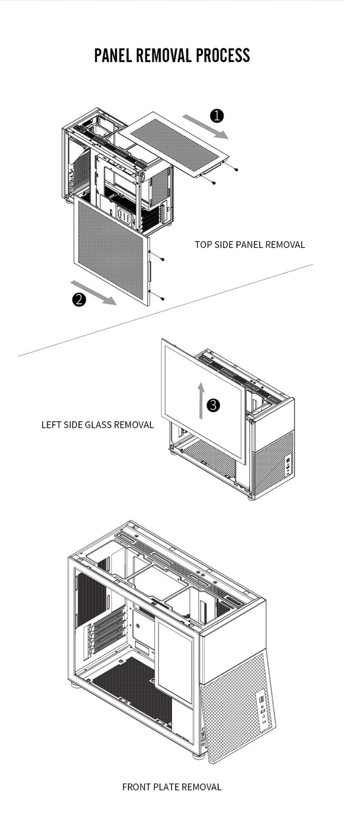 Panel removal process for MI6-EV device, including top, left side glass, and front panel removal ste.