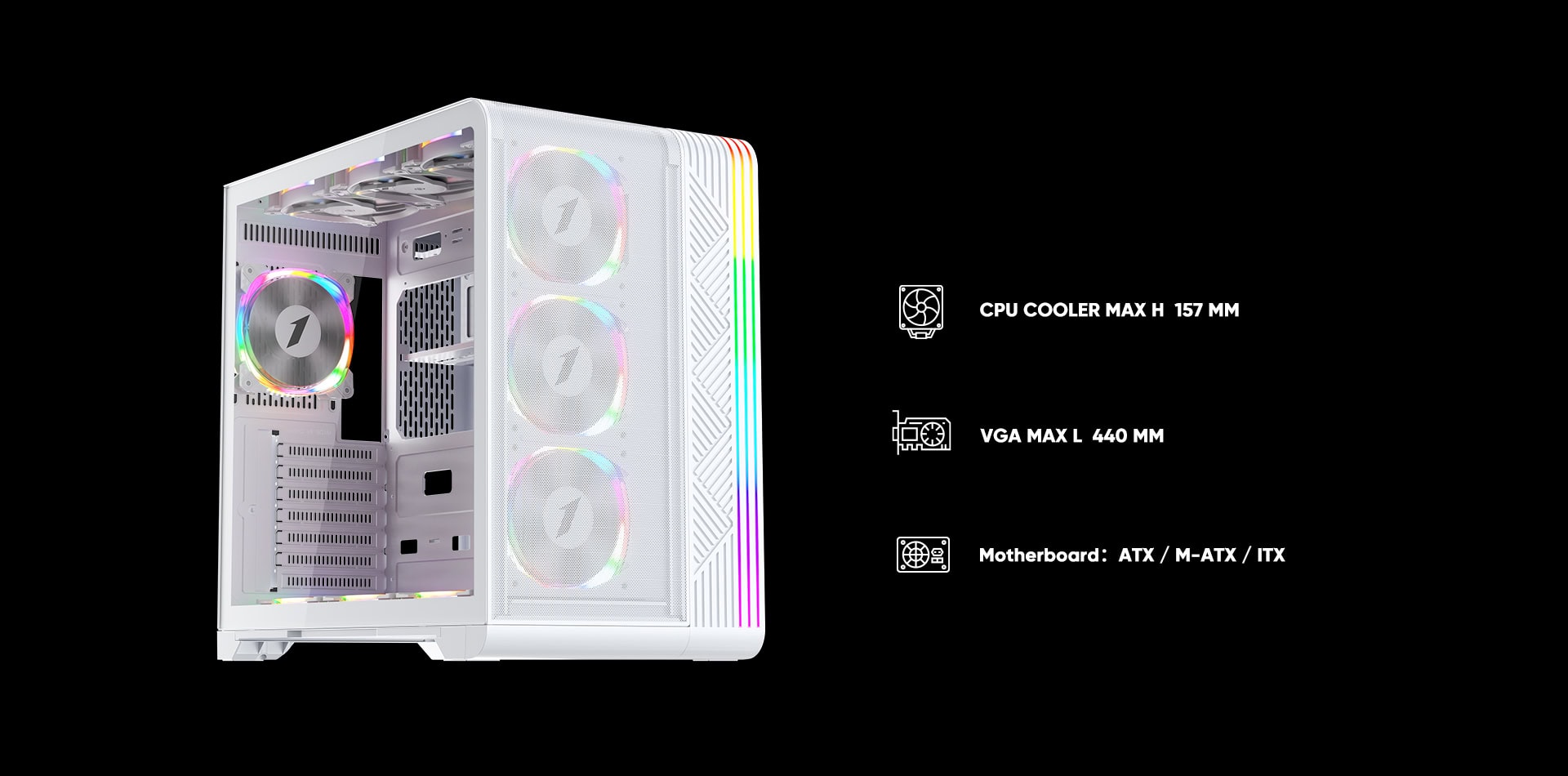 White gaming PC case with RGB fans and transparent side panel.