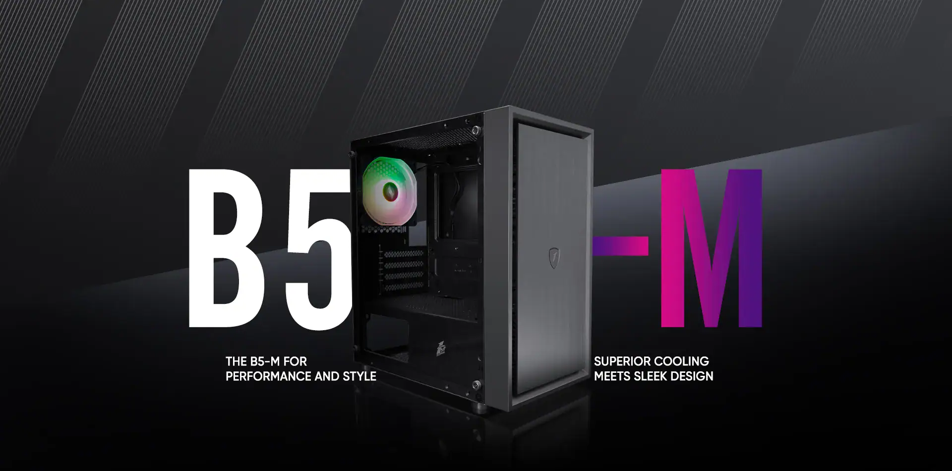 RGB gaming PC case with B5 design and sleek black finish.