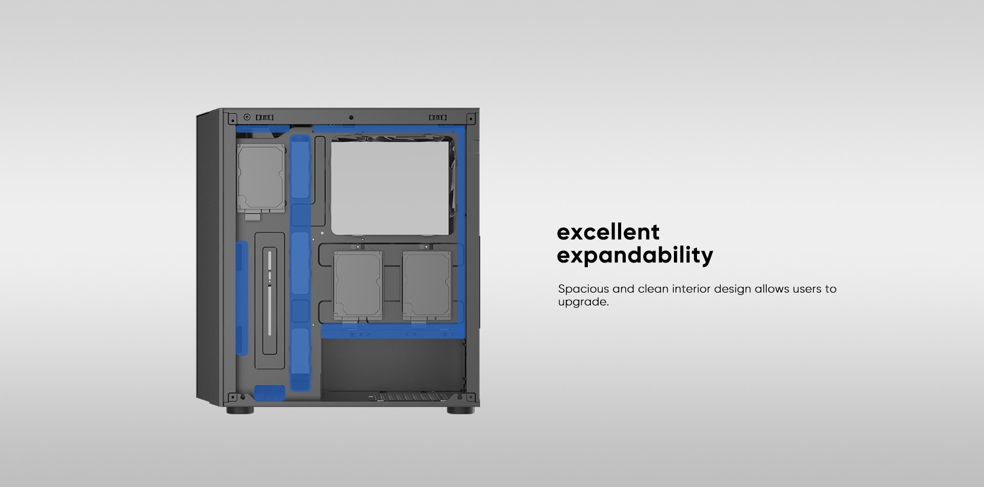 Expandability-focused PC case with spacious interior and clean design for easy upgrades.