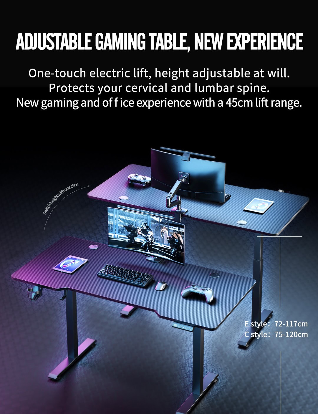 Gaming table with electric lift, height adjustable for comfort and ergonomic gaming experience.