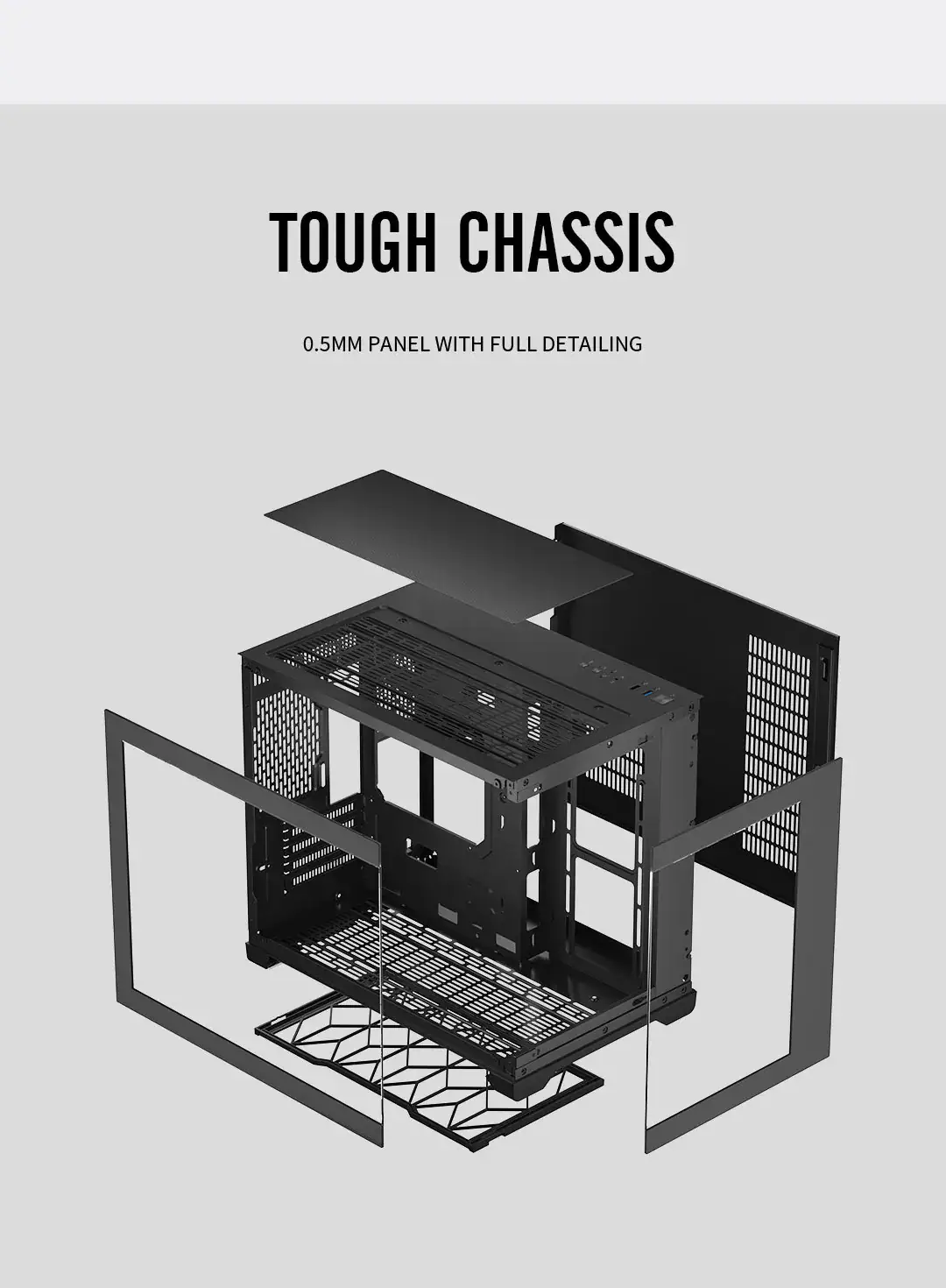 Durable black PC chassis with tough 0.5mm panel and full detailing.