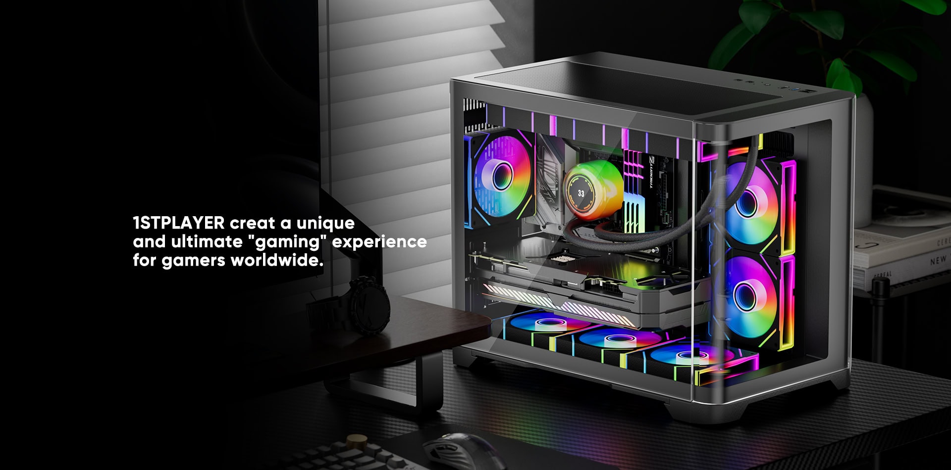 Custom gaming PC with RGB fans and transparent case for gamers.