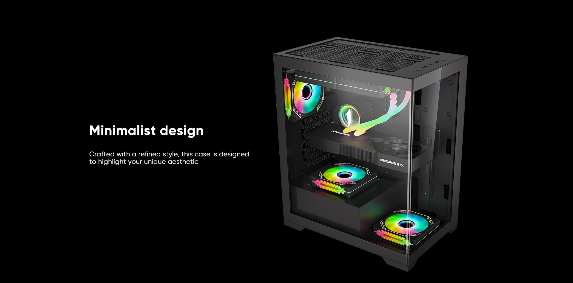 RGB gaming PC case with minimalist design, tempered glass panels, and customizable lighting for high.