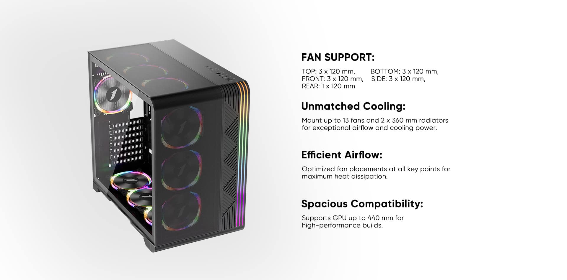 RGB Gaming PC Case with Multiple Fans and Advanced Cooling.