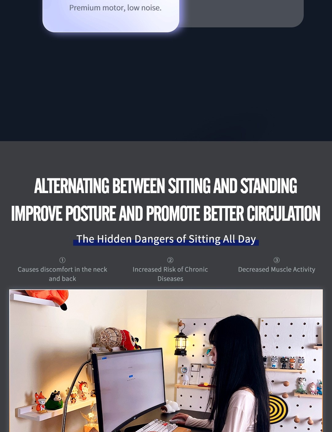 Woman working at desk with ergonomic posture for better circulation and health.