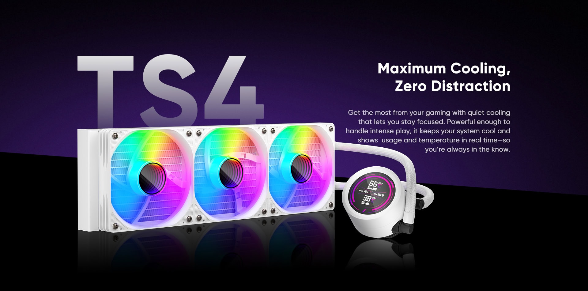 RGB cooling fans and pump system for PC cooling and zero distraction.