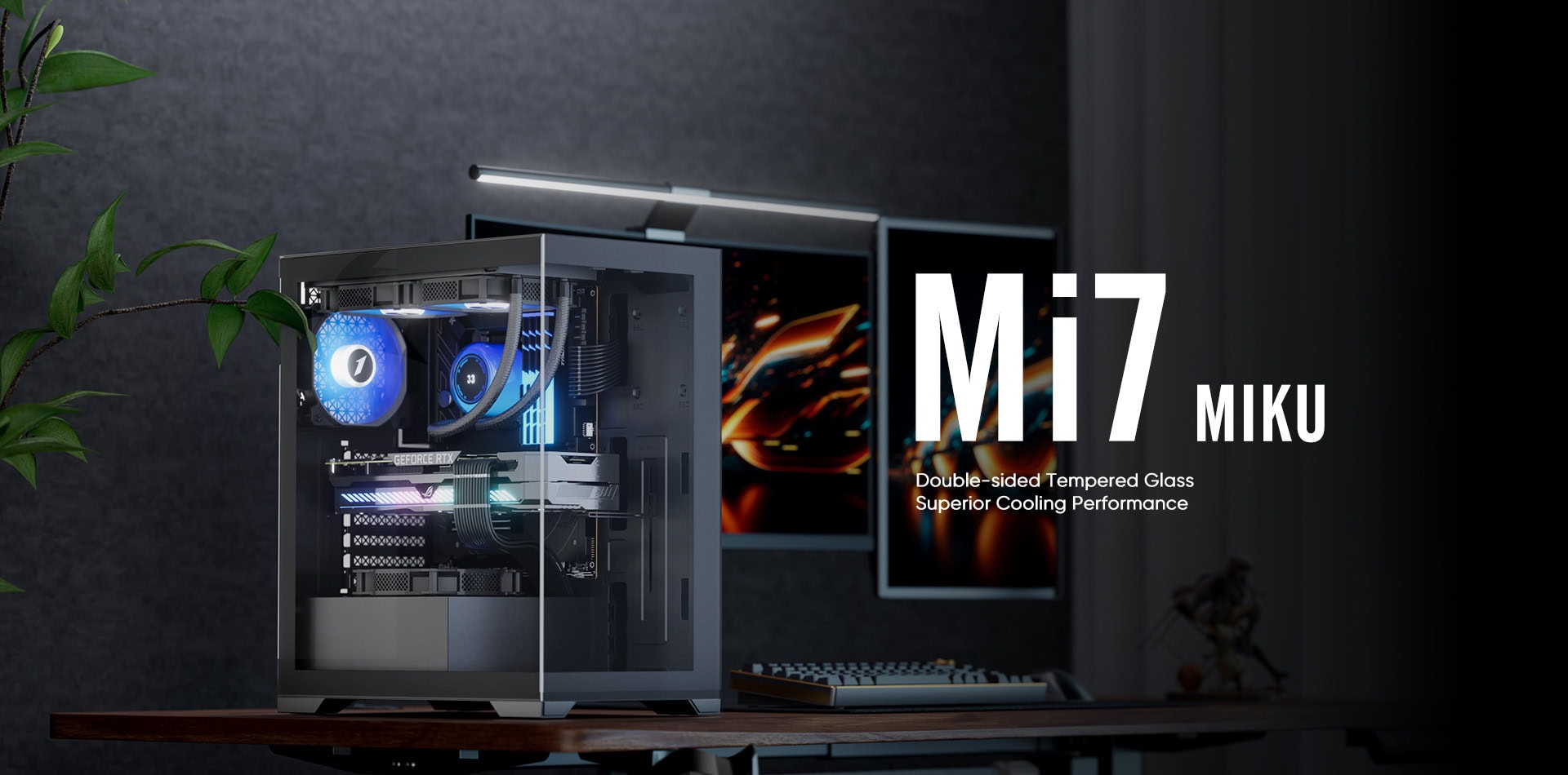 High-performance gaming PC featuring a double-sided tempered glass case and advanced cooling system.
