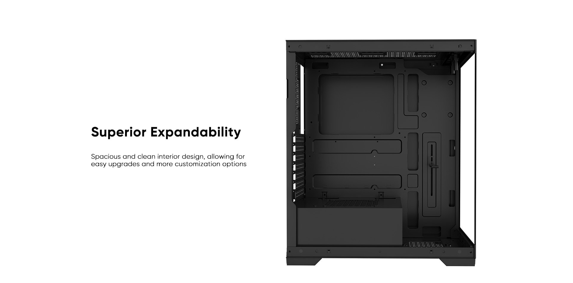 Black computer case with spacious interior for upgrades and customization.