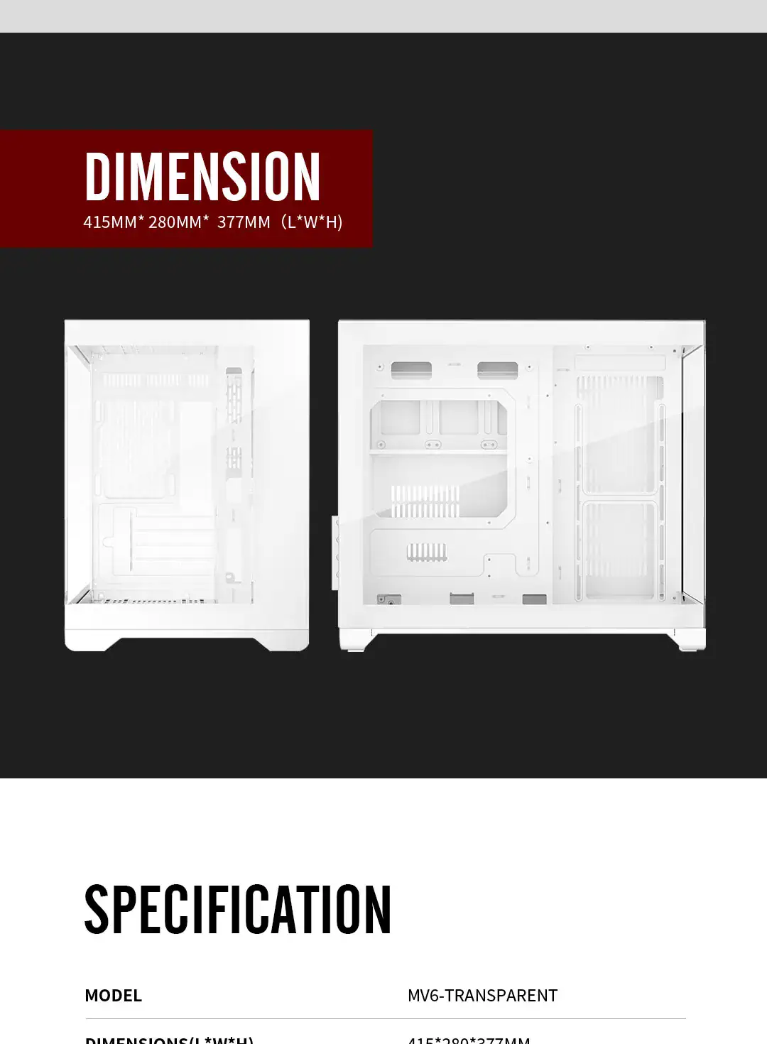 Transparent PC case for gaming and office use.