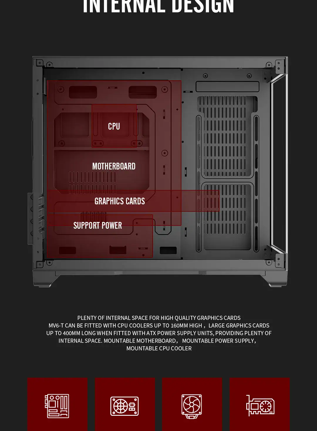 High-quality gaming PC case with internal components labeled for optimal airflow and cooling.