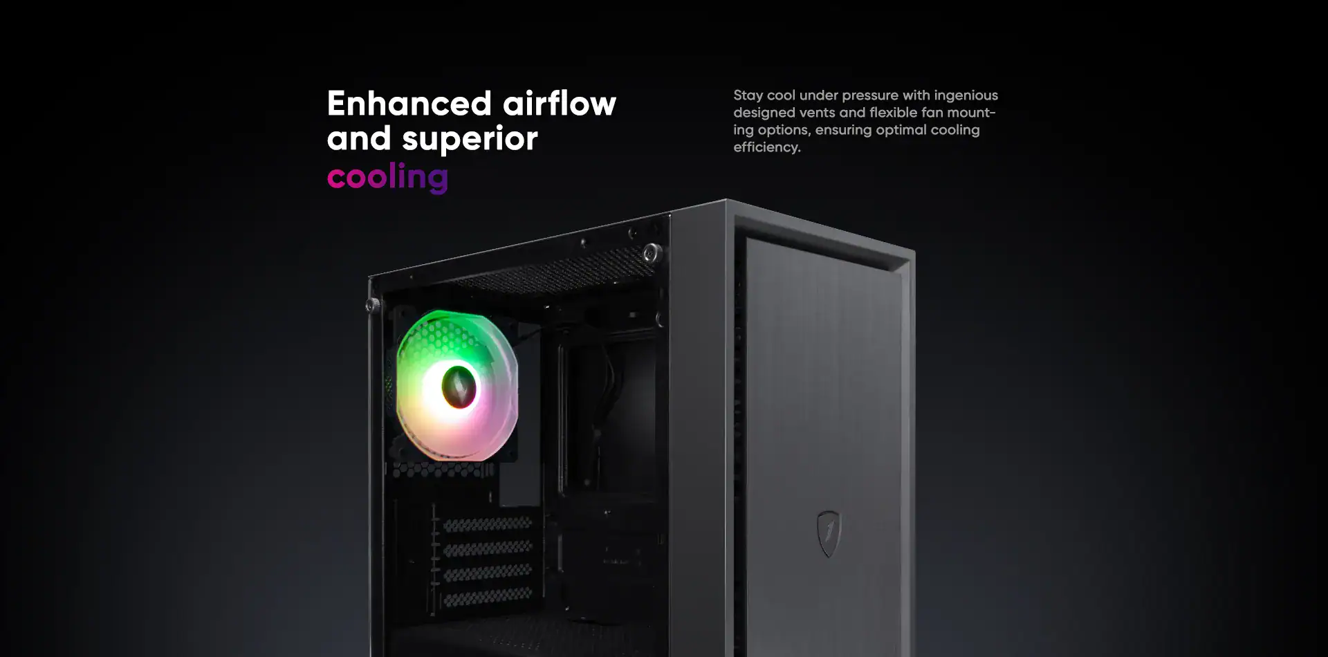 RGB gaming PC case with enhanced airflow and cooling features.
