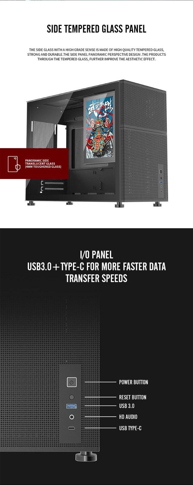 High-performance MI6-EV gaming PC case with tempered glass side panel.