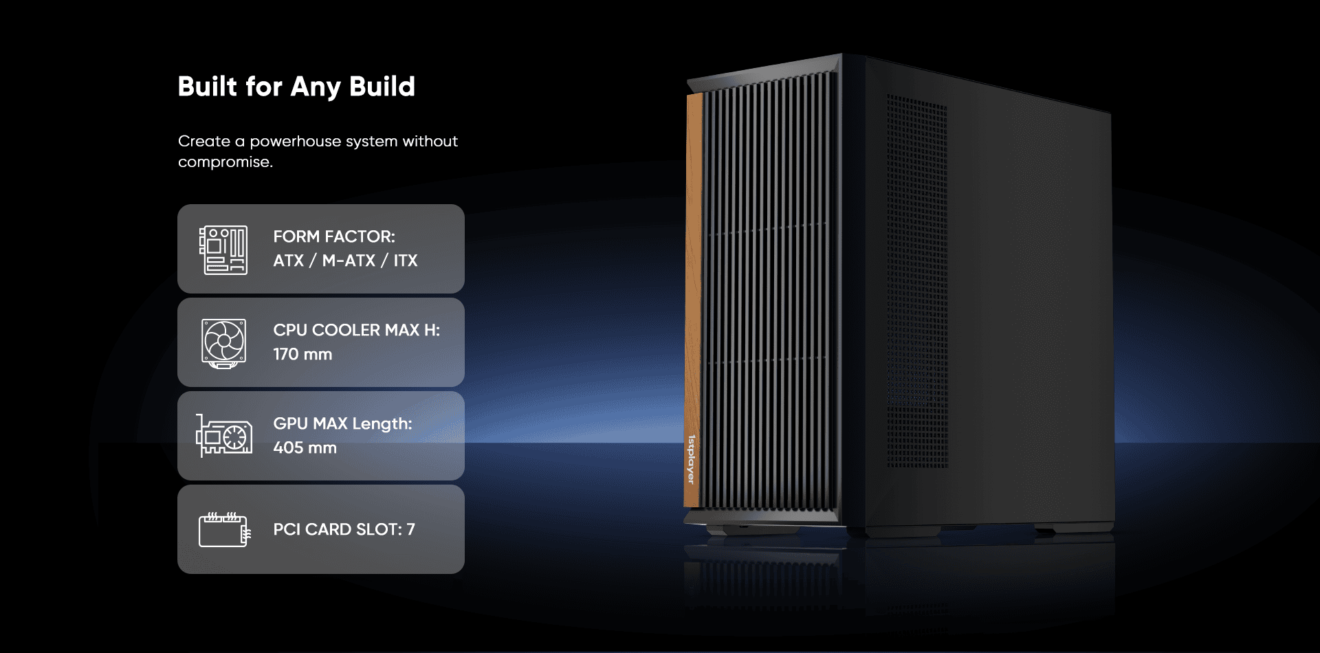 Custom gaming PC tower with advanced cooling and expandability.