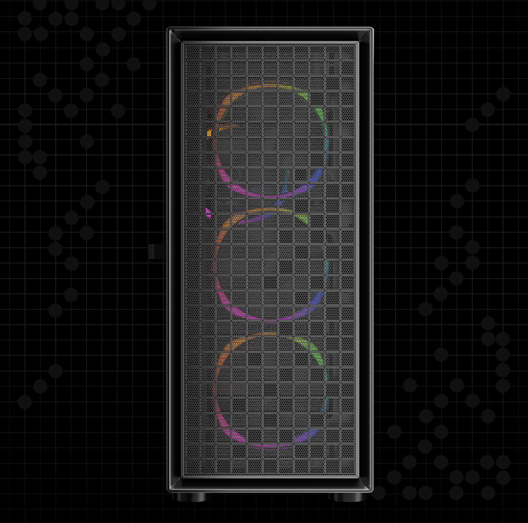 RGB gaming PC tower with illuminated cooling fans and sleek black design.