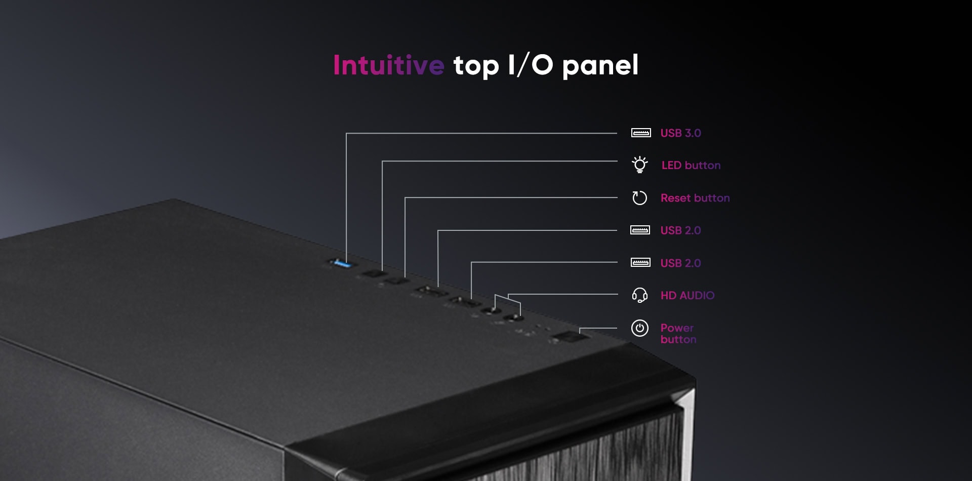 Close-up of N5 gaming console's top I/O panel with USB, LED, and power buttons.