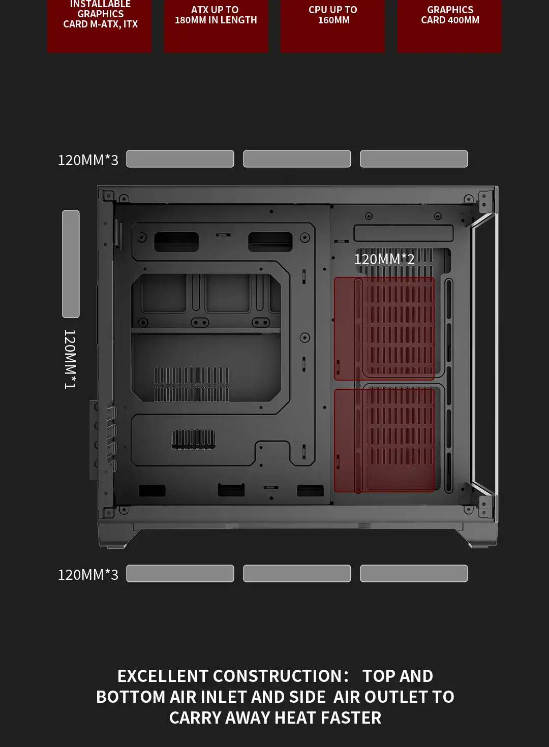 High-quality PC case with excellent airflow, top and bottom air intake, and side air outlet for opti.