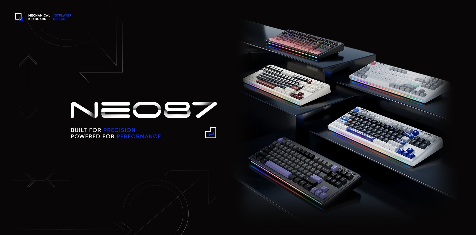 High-performance NEO87 mechanical gaming keyboards with customizable RGB lighting.