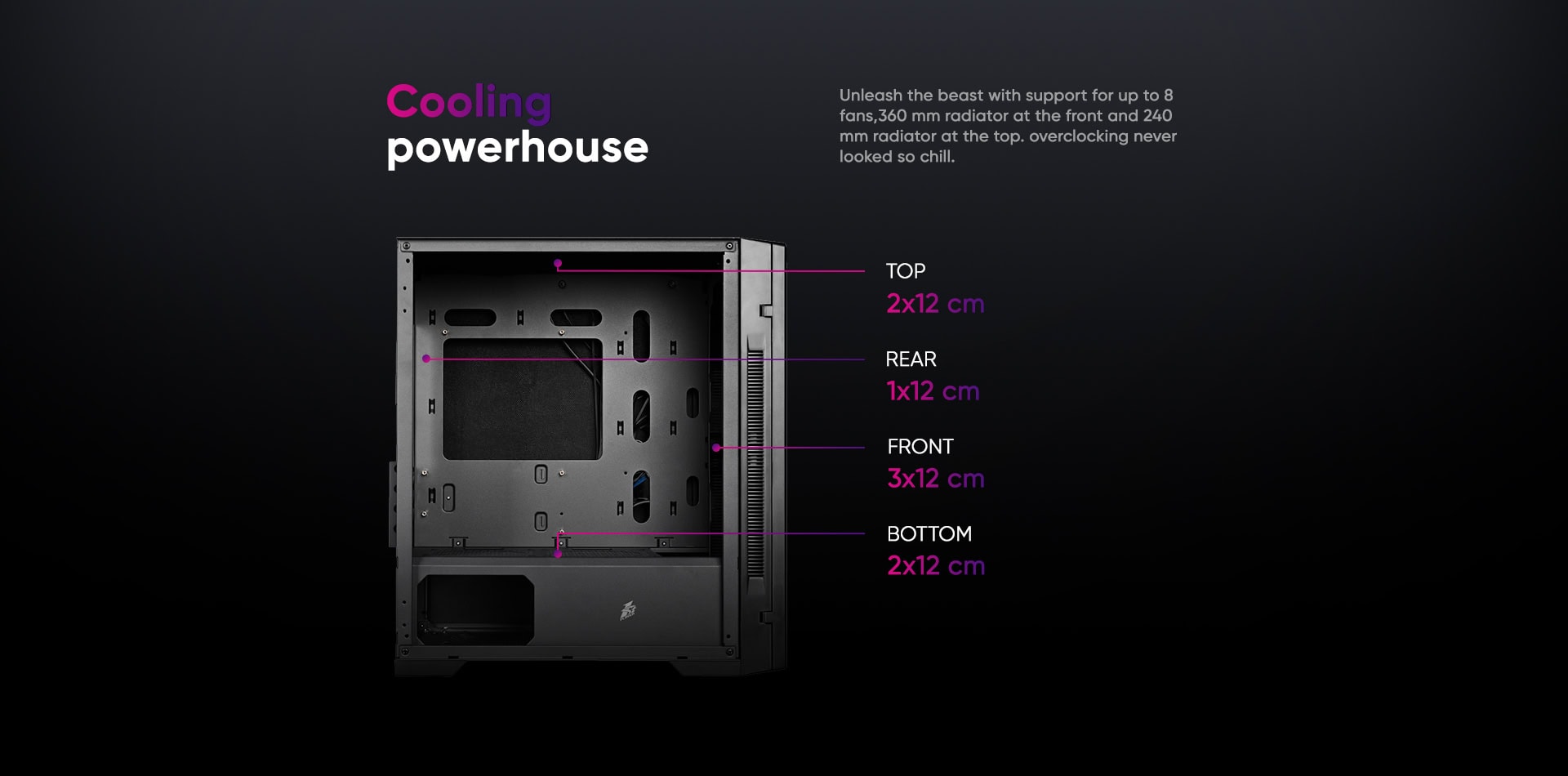 High-performance gaming PC case with cooling fans and airflow design.