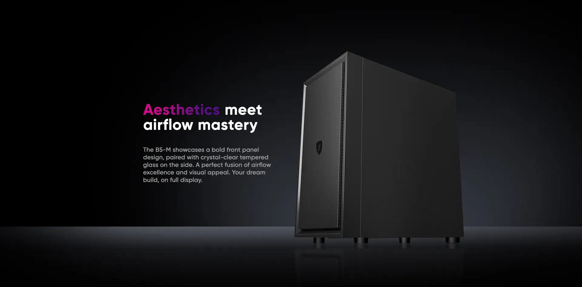 Sleek black gaming PC case with modern airflow design for optimal cooling.