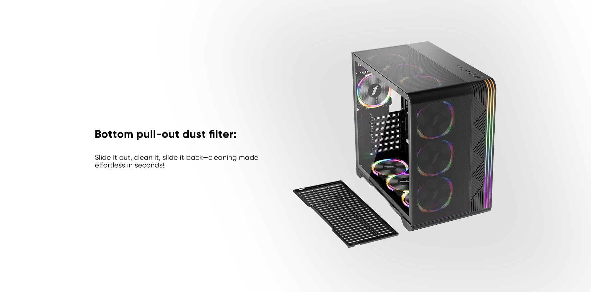 Gaming PC case with RGB fans and tempered glass side panel.