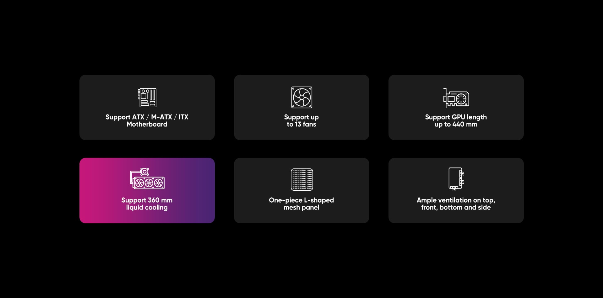 Support ATX, mATX, ITX motherboards for gaming builds.