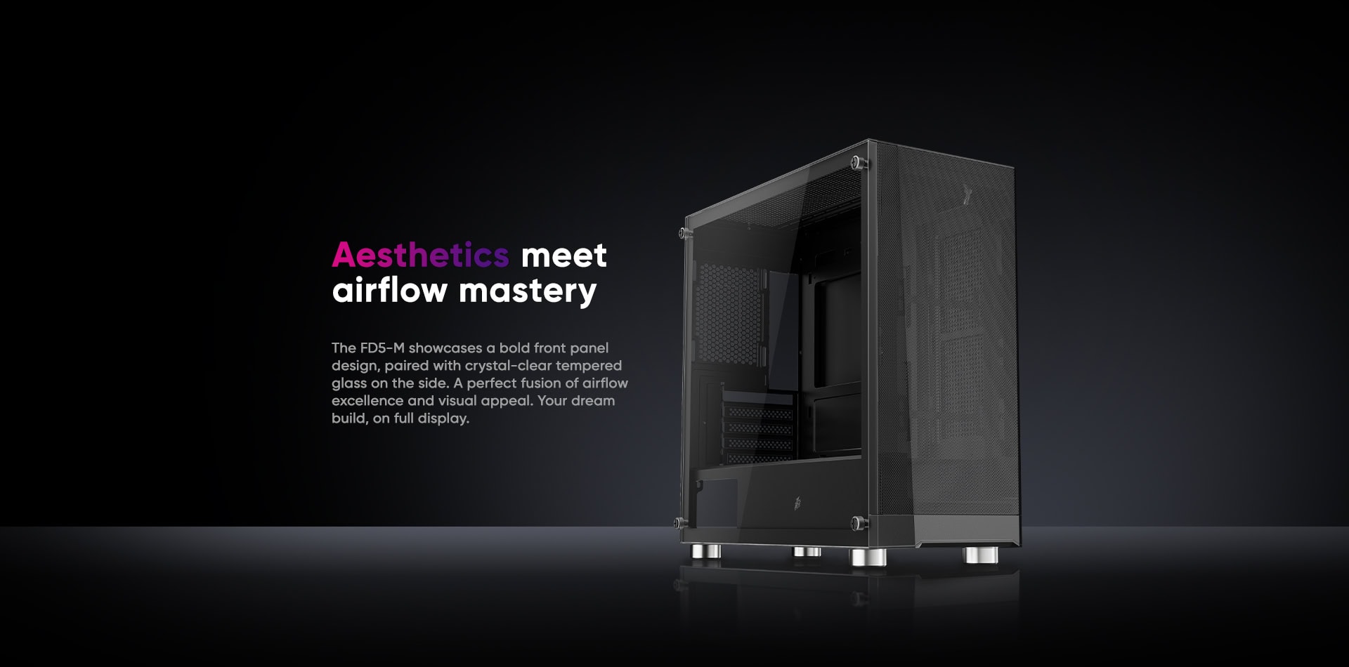 Modern gaming PC case with optimized airflow and sleek black design for high-performance builds.