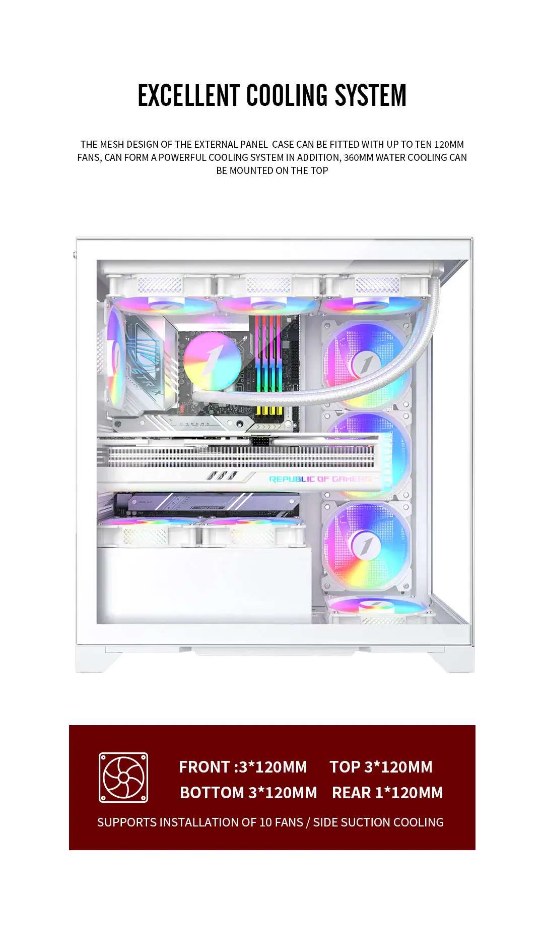 RGB gaming PC with advanced cooling and customizable lighting effects.
