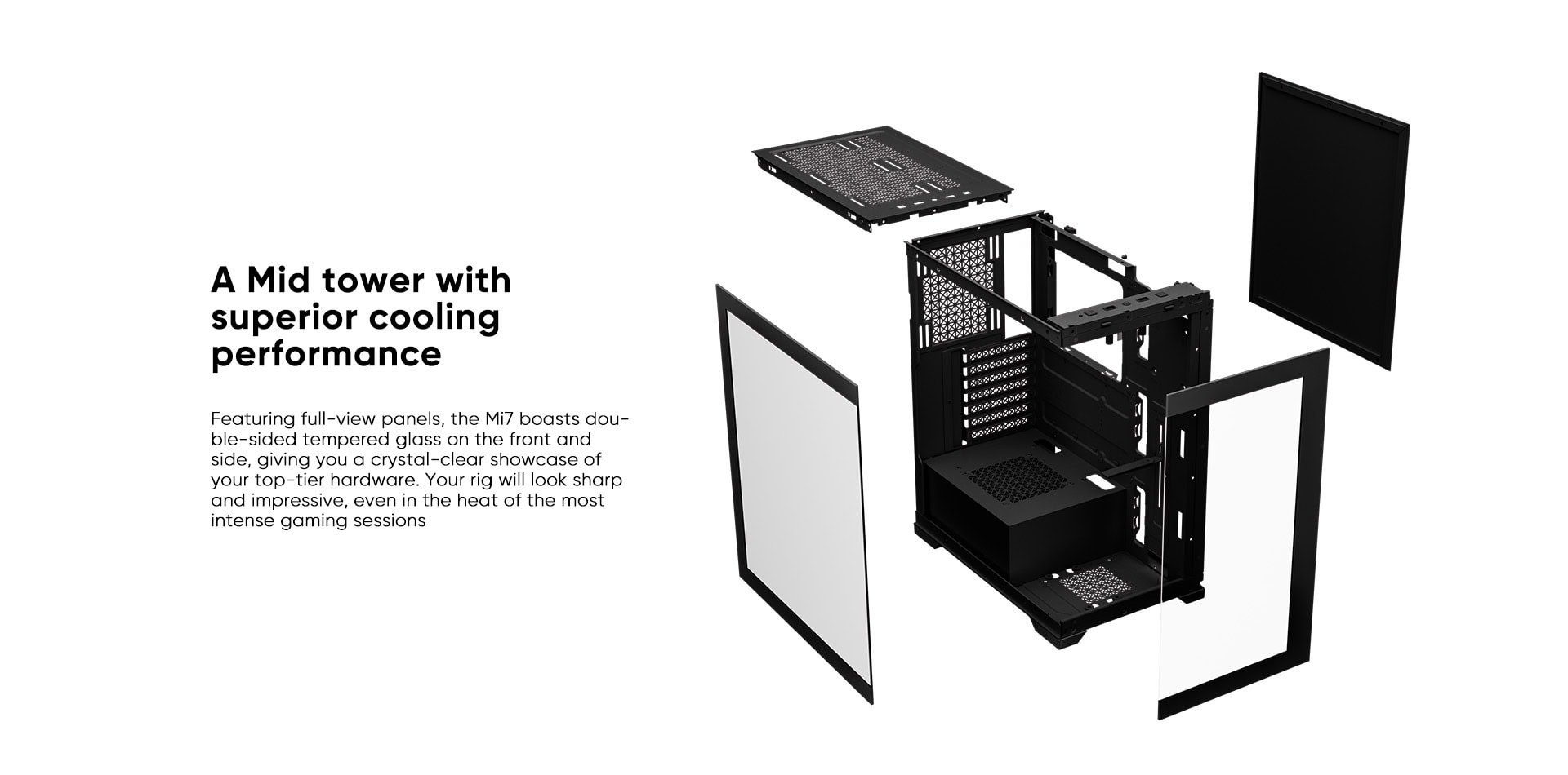 Mid tower PC case with advanced cooling and modular design for gaming builds.