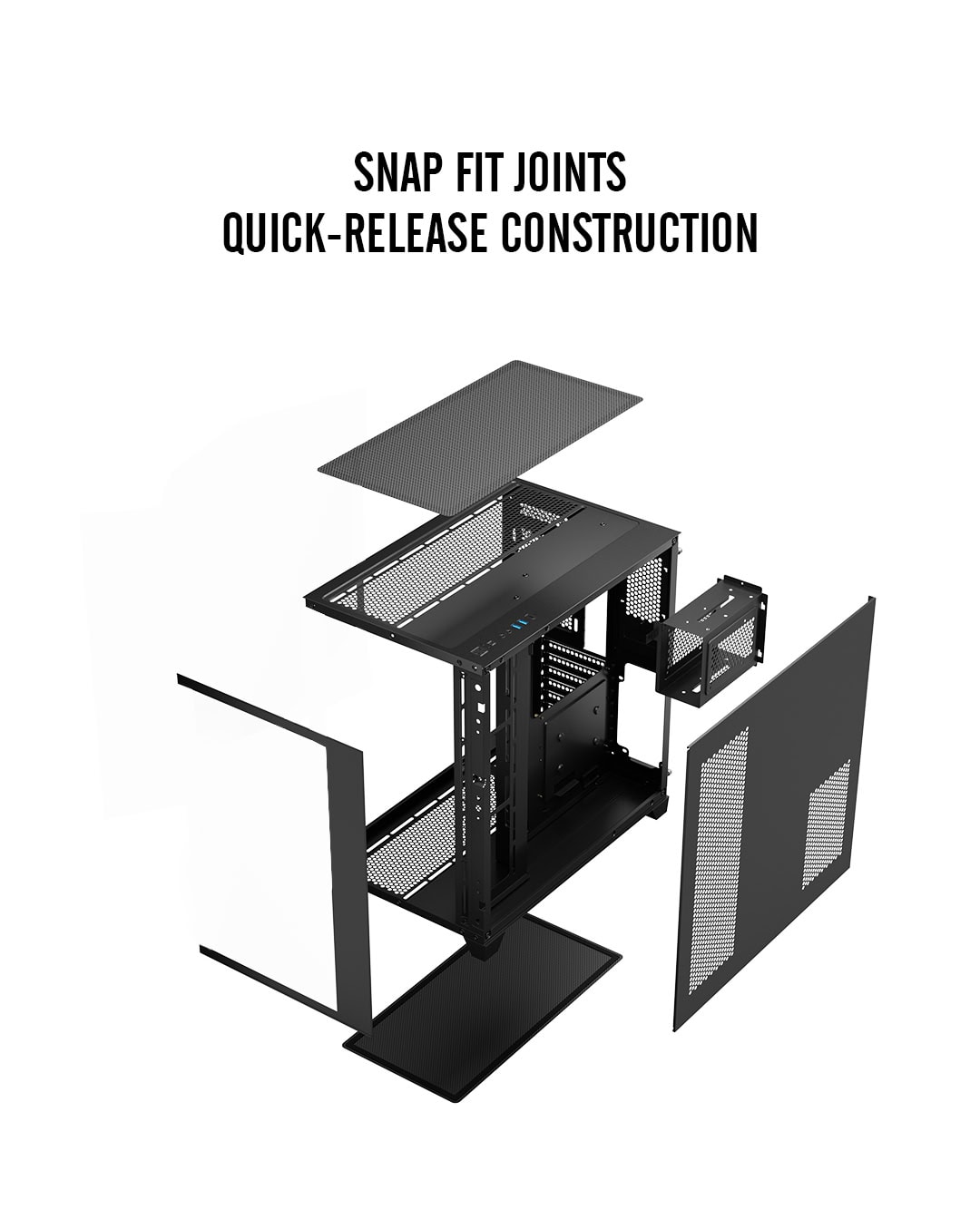 Server rack with snap fit joints for quick and secure assembly. Ideal for data centers and IT infras.