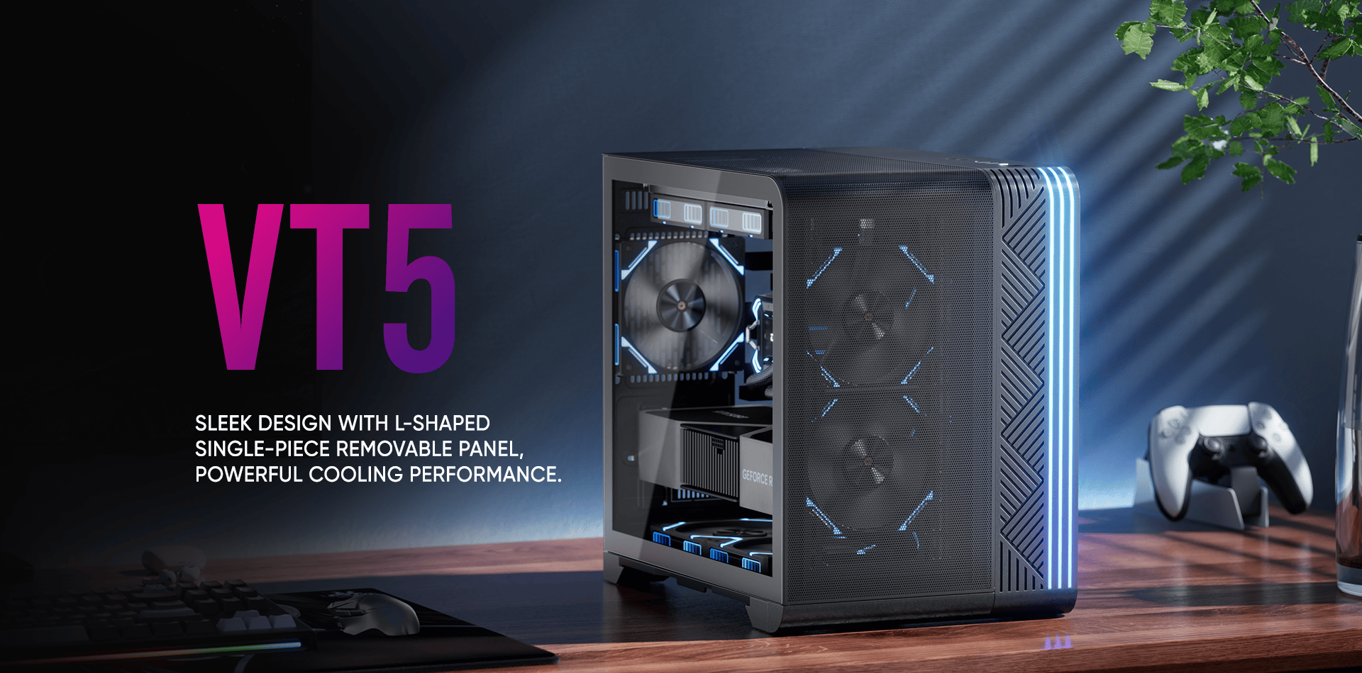 High-performance VT5 gaming PC with sleek design and removable panel for cooling.