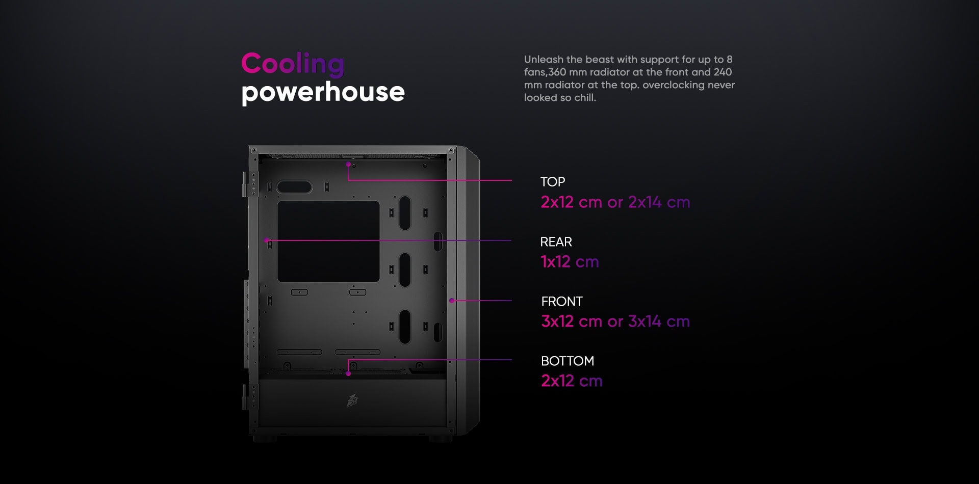 High-performance PC case with advanced cooling features and customizable airflow options.